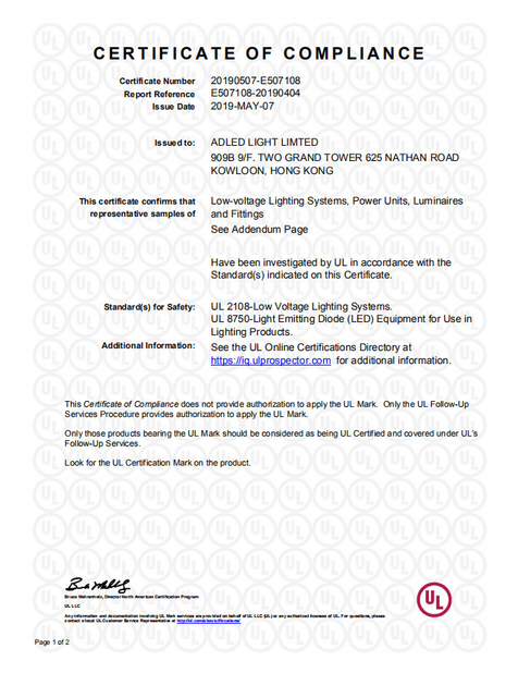 CHINA Adled Light Limited certificaciones